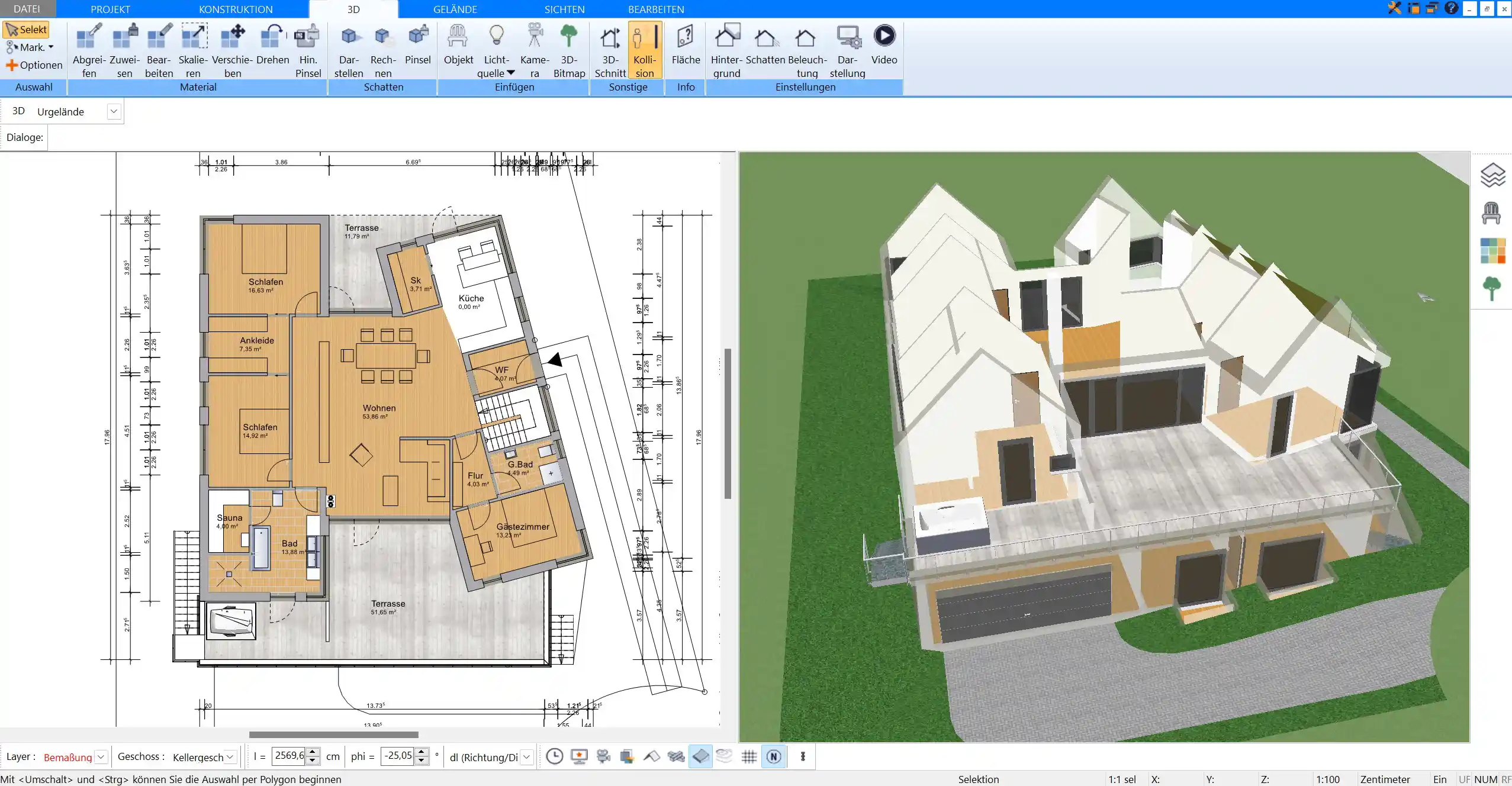 Quadratmeterberechnung im Plan7Architekt Die Software zeigt die Fläche jedes Raums automatisch an