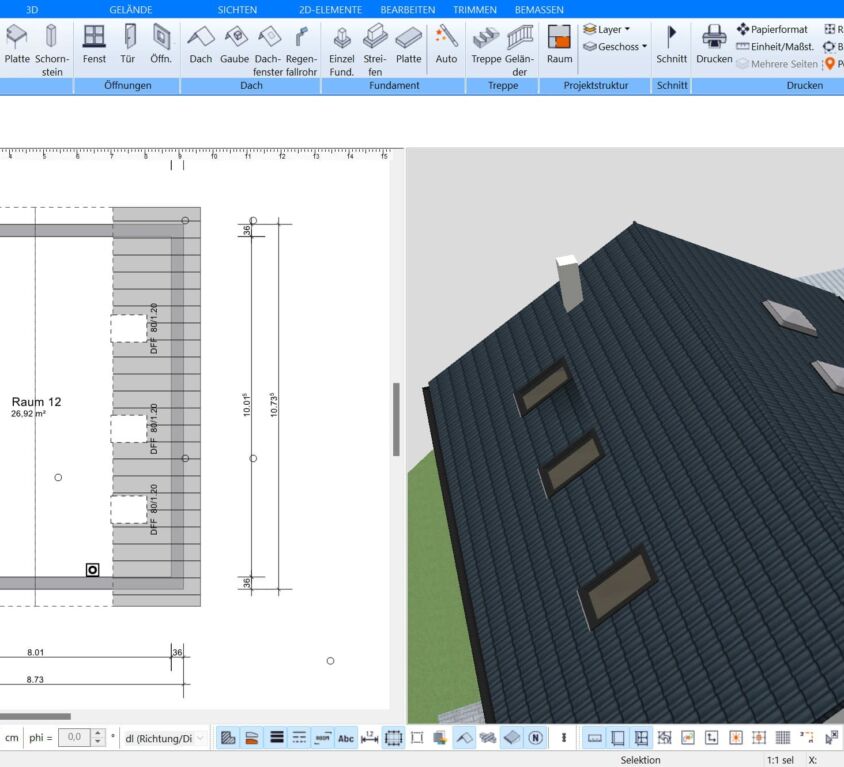 So sehen Dachfenster aus, wenn sie mit dem Plan7Architekt gezeichnet wurden, in 3D und 2D