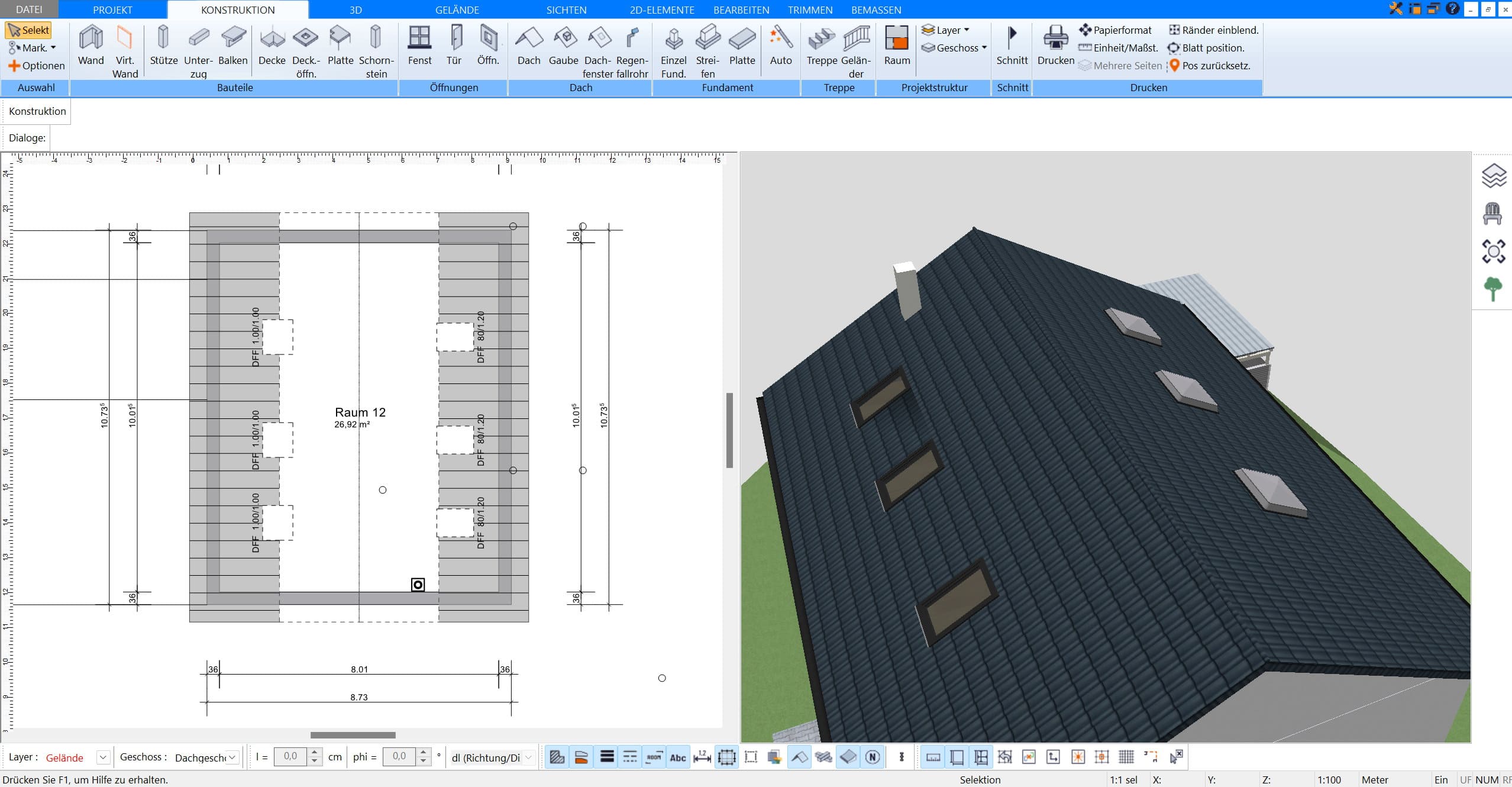 So sehen Dachfenster aus, wenn sie mit dem Plan7Architekt gezeichnet wurden, in 3D und 2D