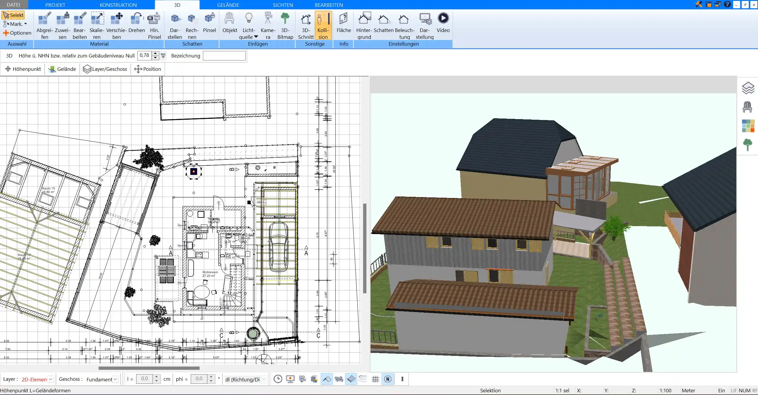 Technische Zeichnung eines Bauplans mit Maßen und Materialangaben. Plan7Architekt ermöglicht die Erstellung professioneller Bauunterlagen.