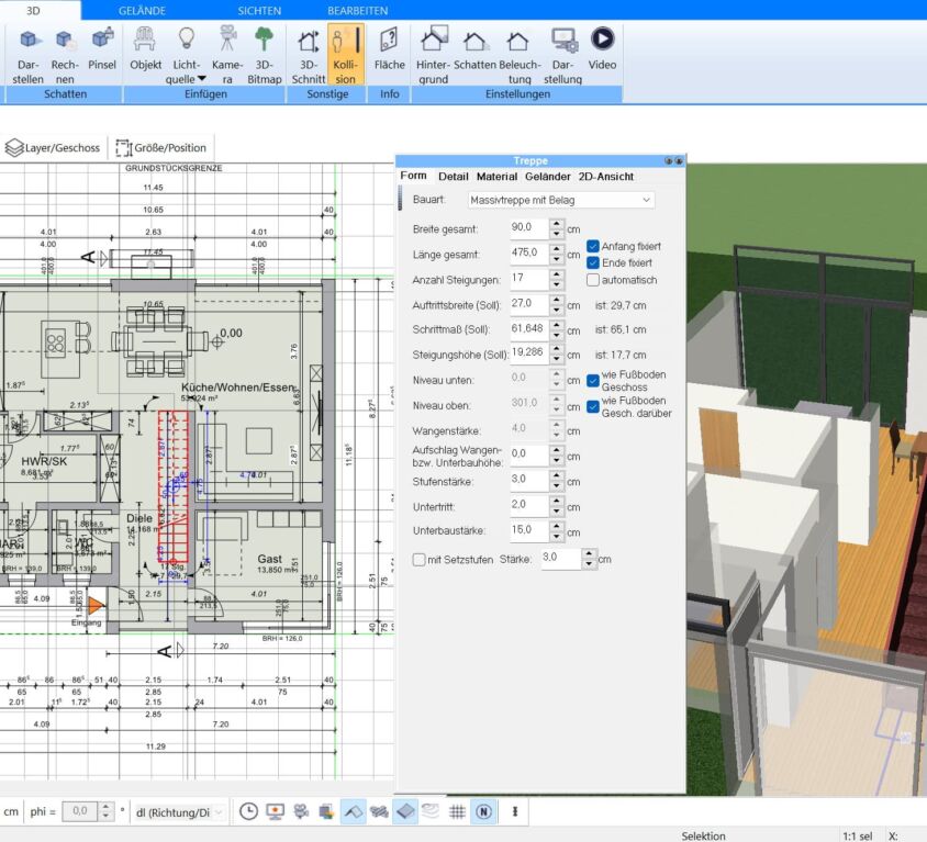 Treppe im Grundriss einfügen – mit dem Plan7Architekt einfach per Mausklick die Treppe im Bauplan platzieren und anpassen