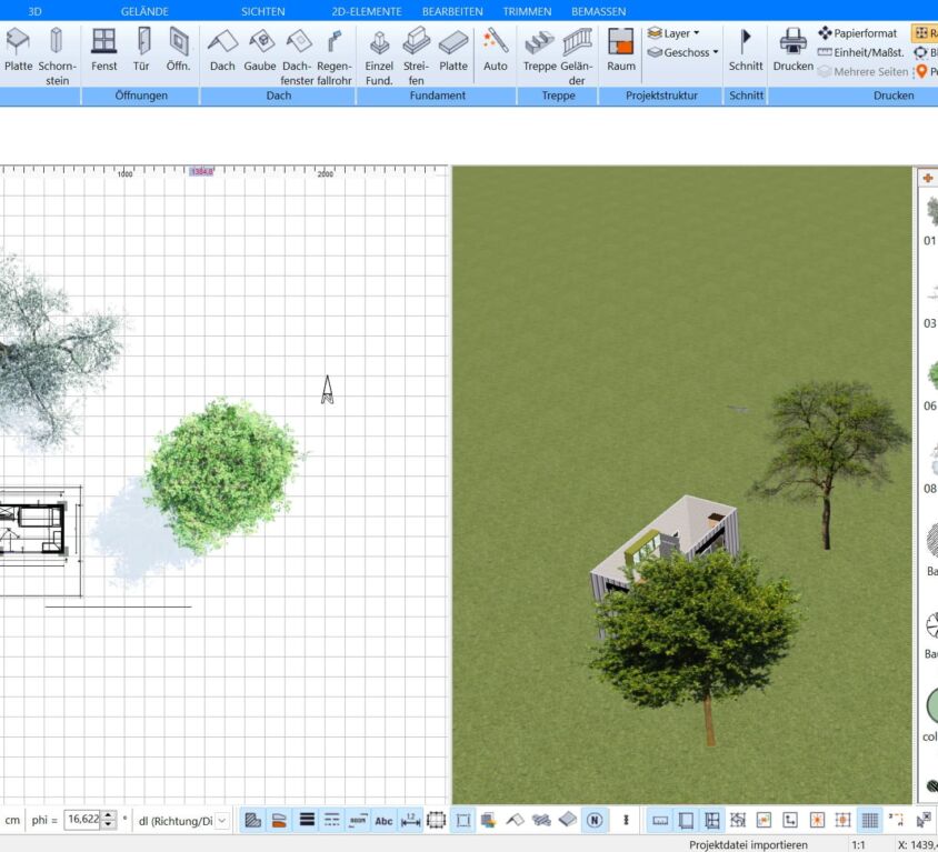 Verschiedene Baumarten in der 2D-Ansicht im Plan7Architekt Laubbäume, Nadelbäume und Obstbäume als Symbole im Grundriss