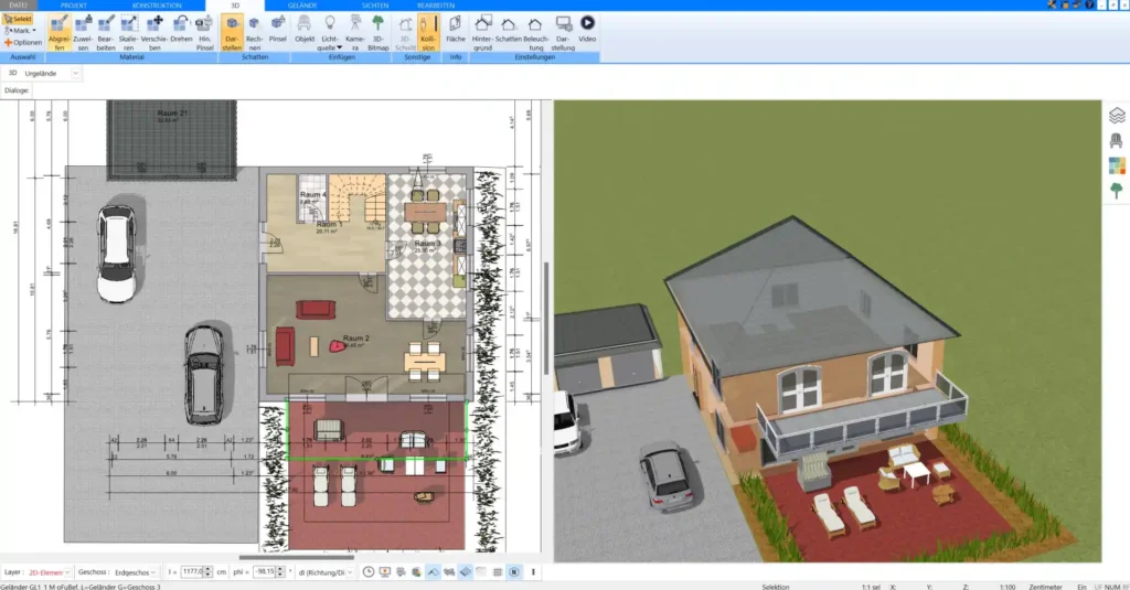 2D-Gartenplan mit Plan7Architekt Pro – Übersichtlicher 2D-Entwurf eines Gartens, der exakte Maße und alle relevanten Elemente zeigt