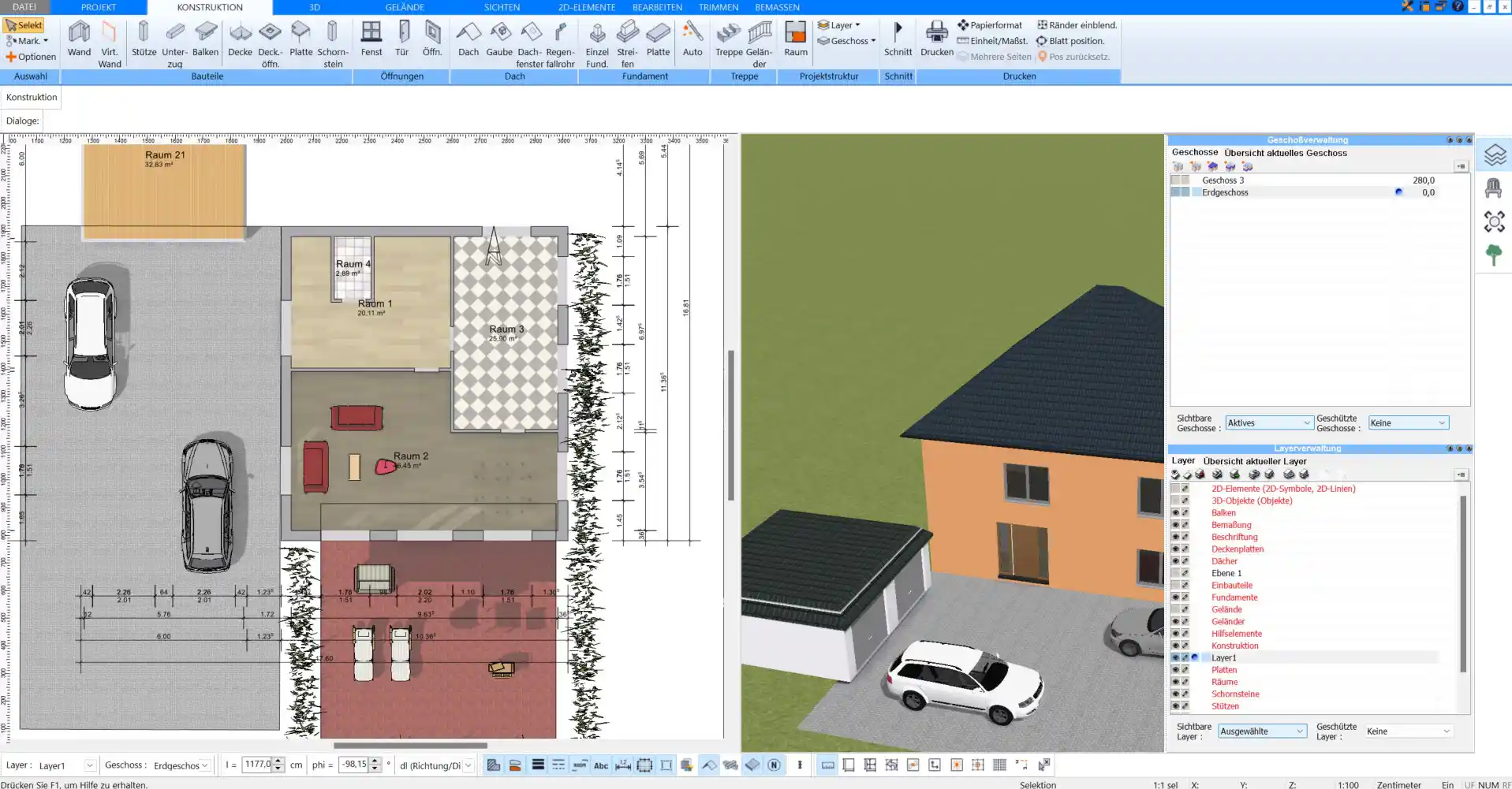 3D-Ansicht eines Untergeschosses im Plan7Architekt – So wirken Lichtquellen und Raumaufteilung in der Realität.