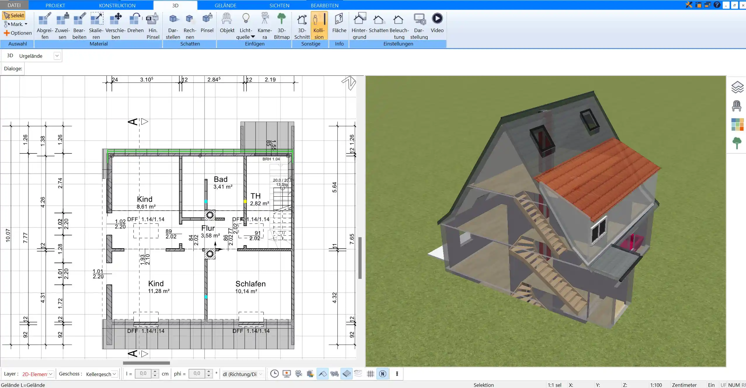 3D-Visualisierung eines Nurdachhauses mit dem Plan7Architekt Realistische Darstellung der Dachschräge und Raumaufteilung