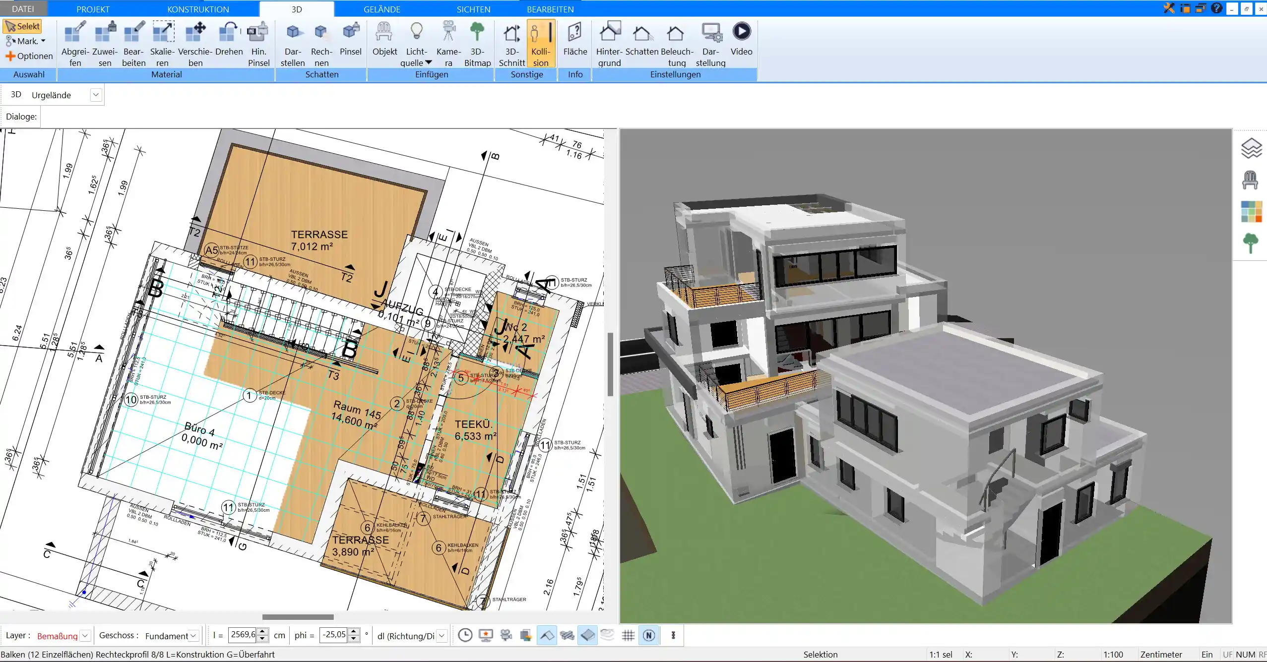 3D-Visualisierung eines geplanten Bürogebäudes im Plan7Architekt – realistische Darstellung von Arbeitsräumen und Verkehrswegen