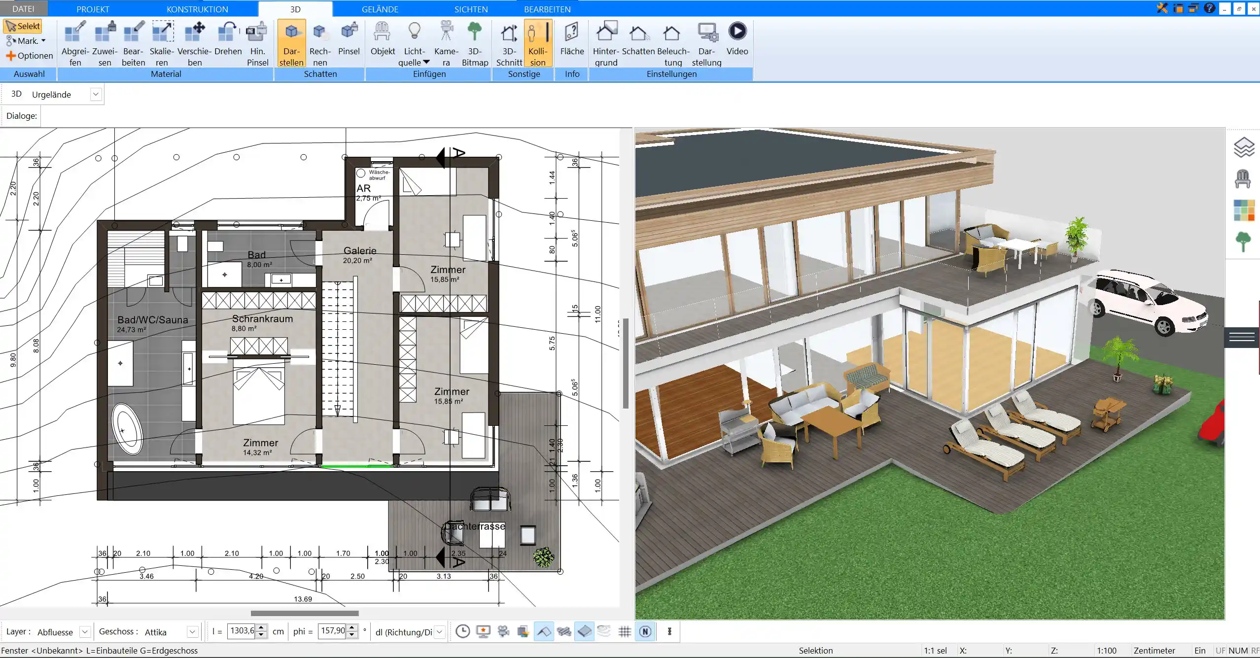 Automatische Dachplanung in Plan7Architekt Pro – Demonstration der automatischen Dachfunktion, perfekt für die Planung von Überdachungen oder Pergolen