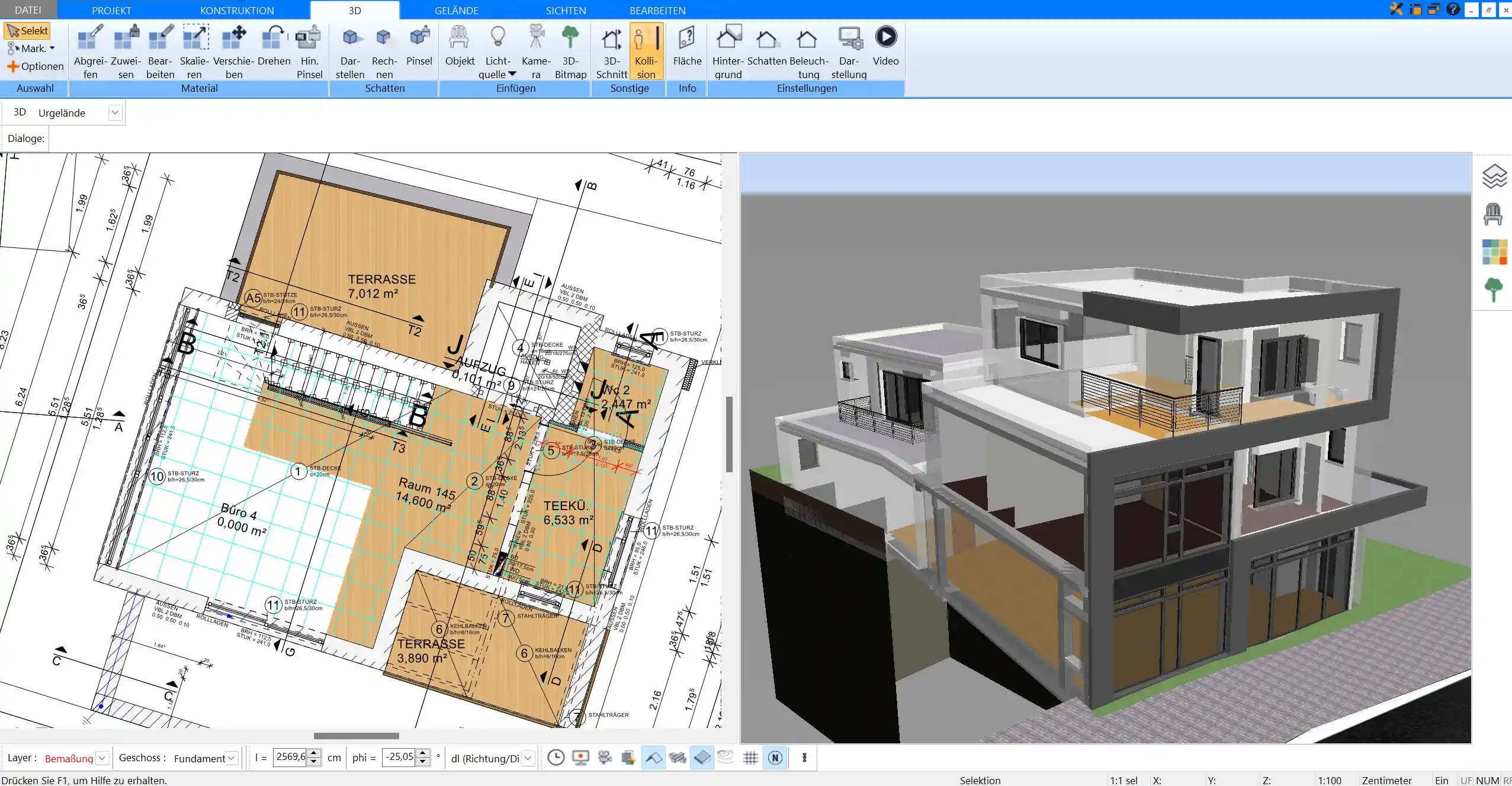 Bearbeitung von Wänden und Raumgrößen im Plan7Architekt