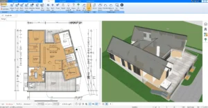 Beispiel eines 2D-Grundrisses für ein Zweifamilienhaus im Plan7Architekt, bei dem die Aufteilung in zwei Wohneinheiten klar zu erkennen ist