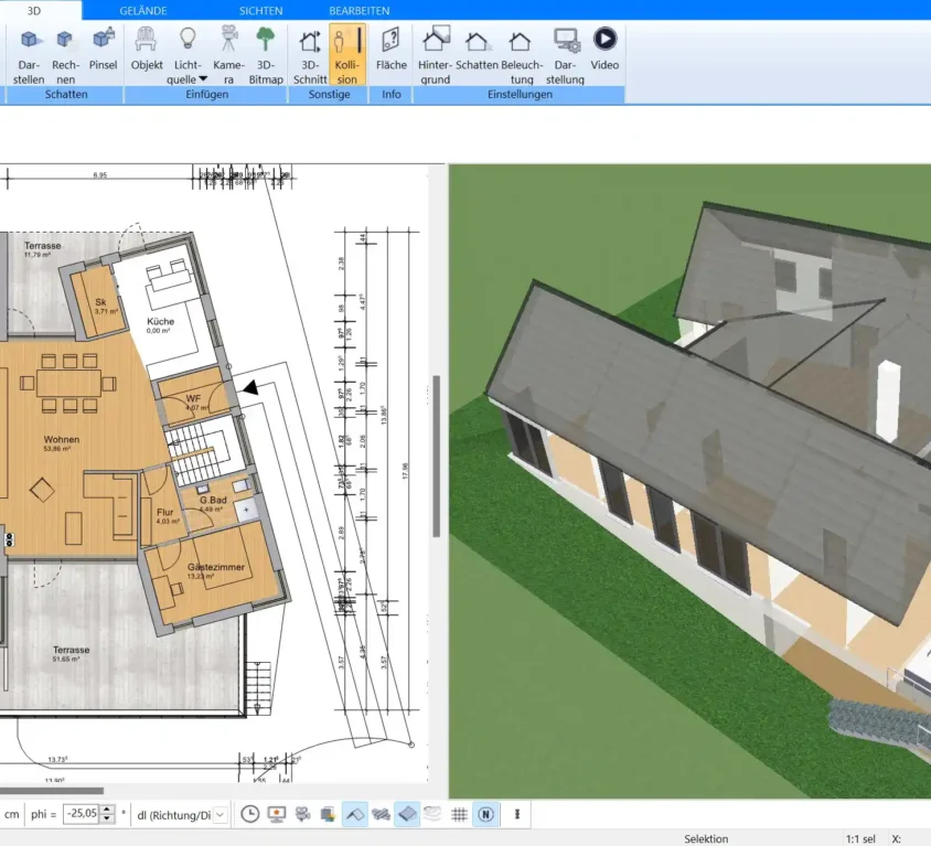 Beispiel eines 2D-Grundrisses für ein Zweifamilienhaus im Plan7Architekt, bei dem die Aufteilung in zwei Wohneinheiten klar zu erkennen ist