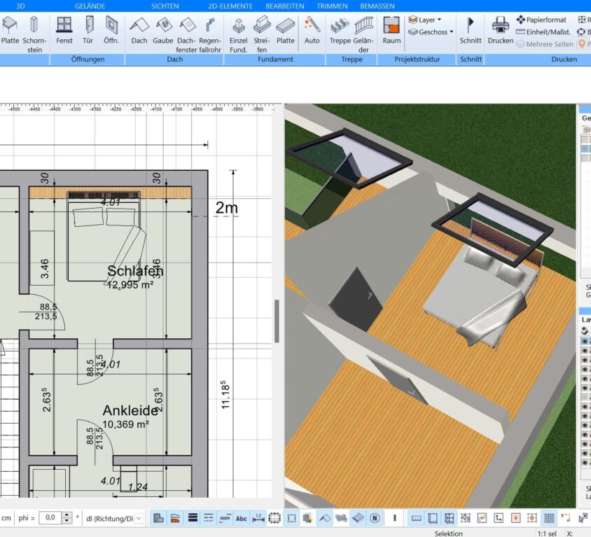 Beispiel eines Schlafzimmer-Grundrisses mit strategisch platzierten Möbeln und Fenstern im Plan7Architekt