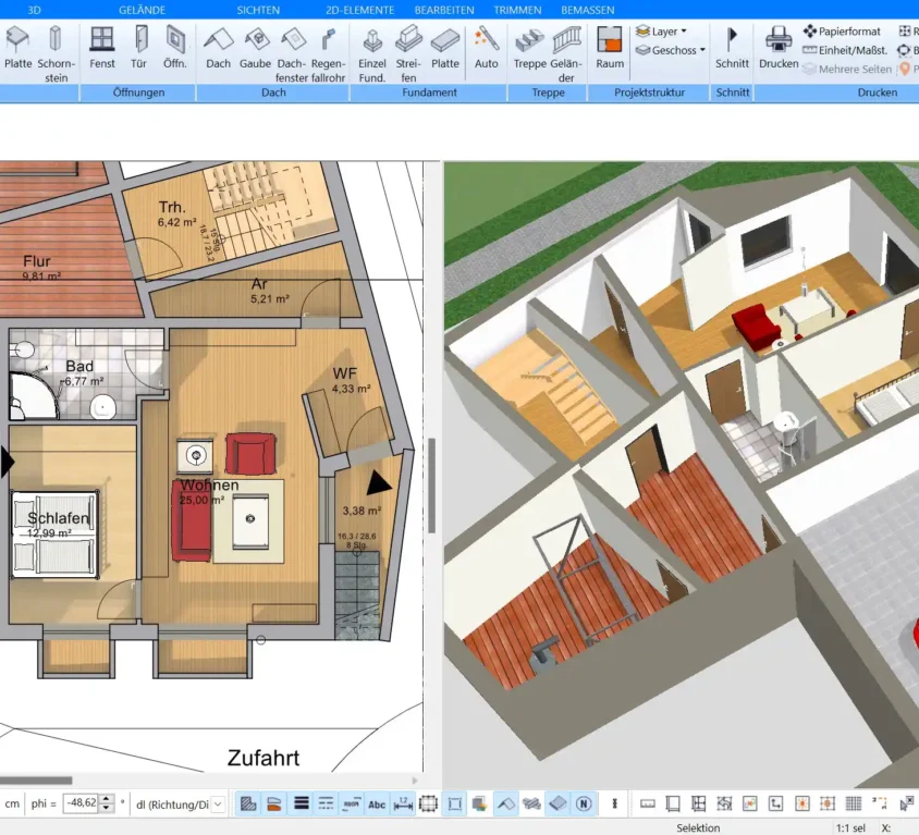 Beschriftungsfunktion im Plan7Architekt Räume und Flächen können direkt im Grundriss benannt werden