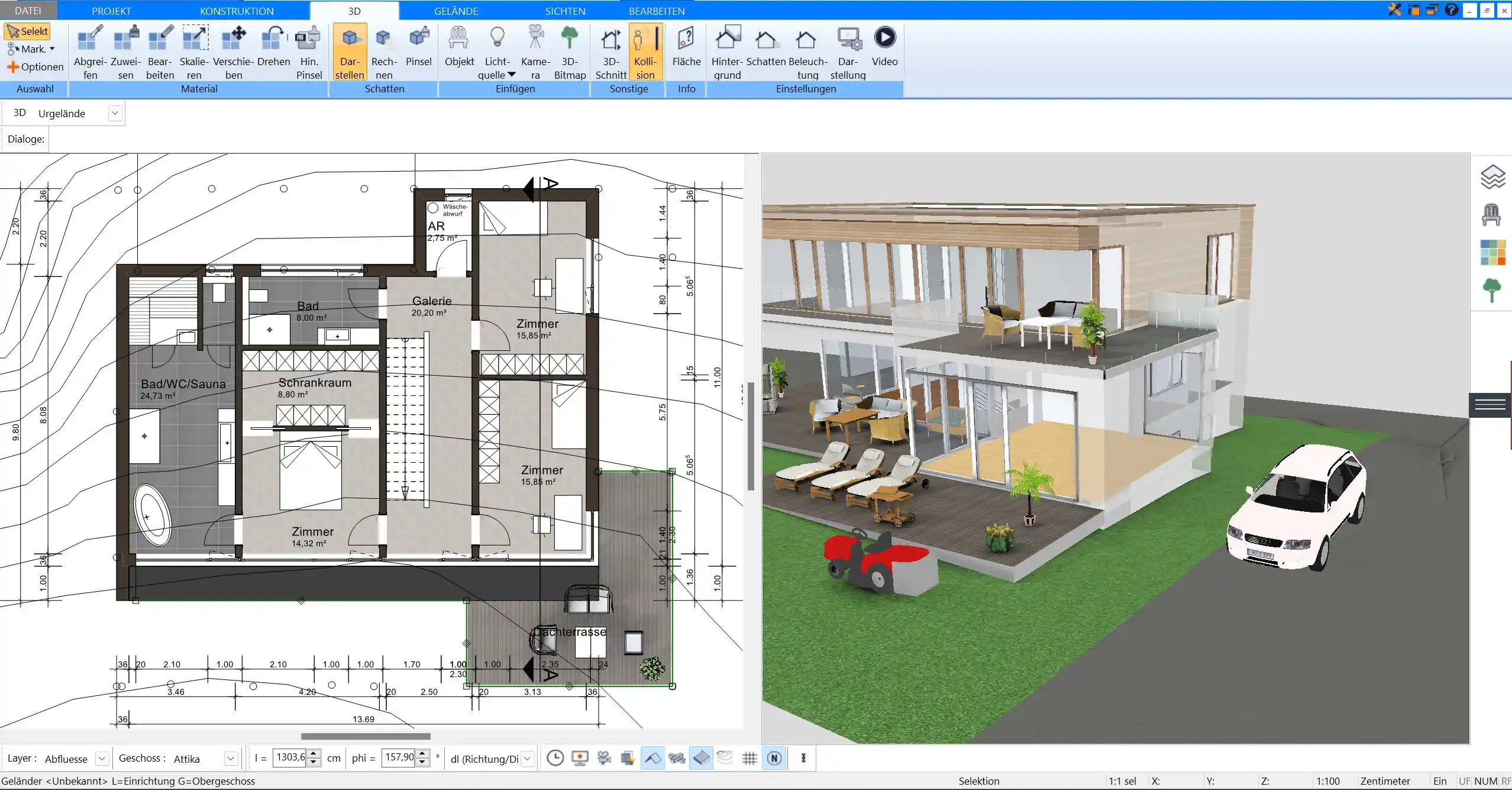 Das geplante Haus in der 3D-Ansicht der Plan7Architekt-Software, mit realistischen Details wie Fenstern und Dachkonstruktion