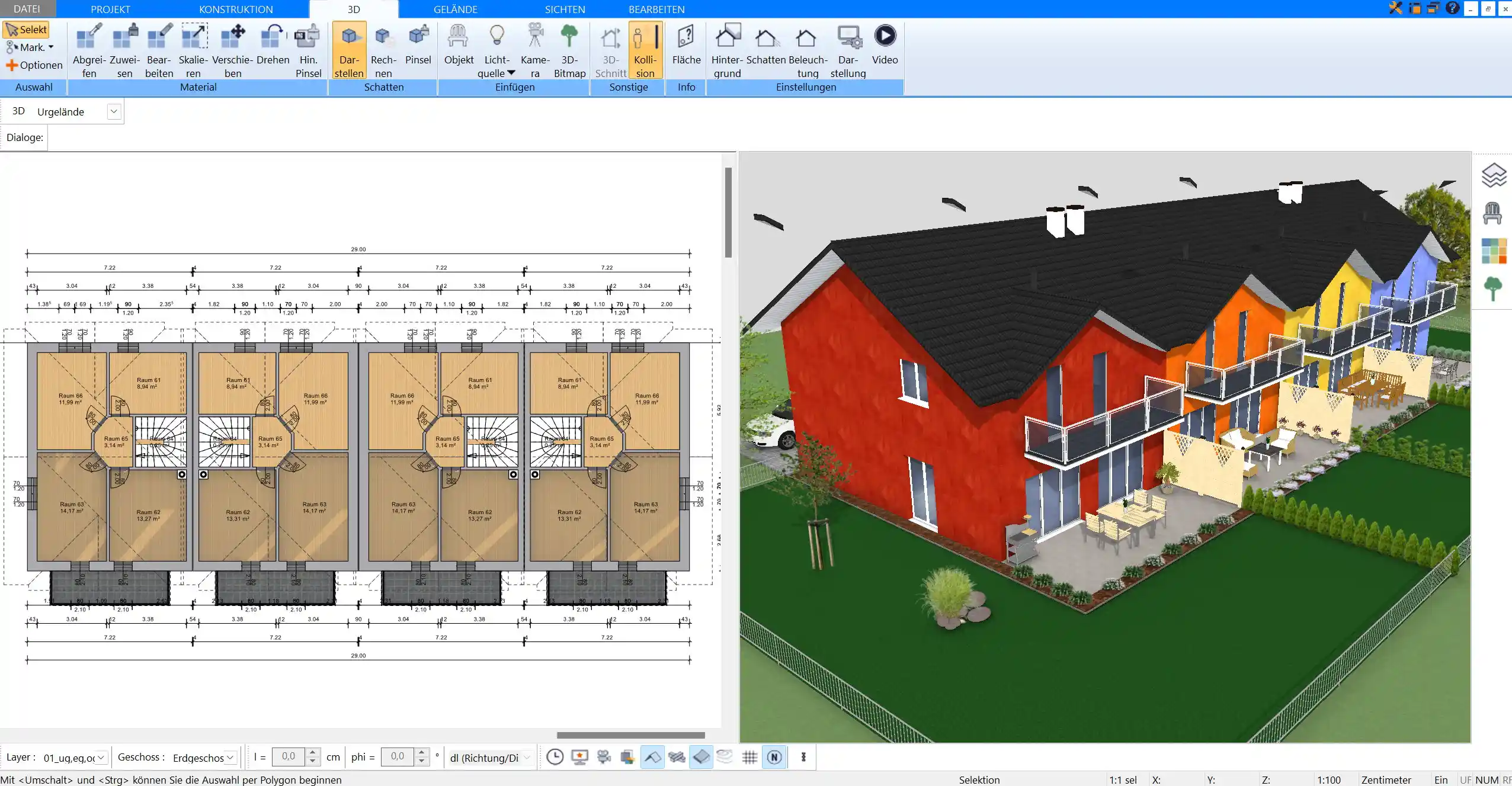 Das geplante Mehrfamilienhaus in der 3D-Ansicht. Verschiedene Etagen und Gebäudeelemente lassen sich aus allen Winkeln betrachten