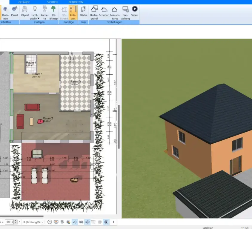 Detaillierte 2D- und 3D-Darstellung eines Hauses mit dem Plan7Architekt – ideal für private Bauherren und Profis