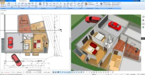 Detaillierte 3D-Visualisierung eines modernen Wohnzimmers mit der Plan7Architekt Software