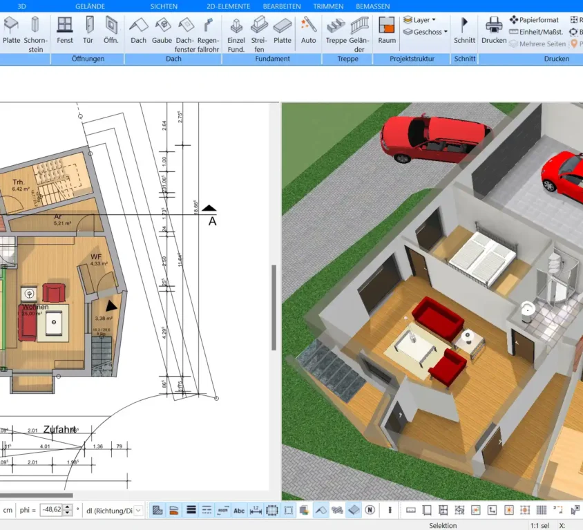 Detaillierte 3D-Visualisierung eines modernen Wohnzimmers mit der Plan7Architekt Software