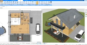 Detaillierte 3D-Visualisierung eines modernen Wohnzimmers mit der Plan7Architekt Software