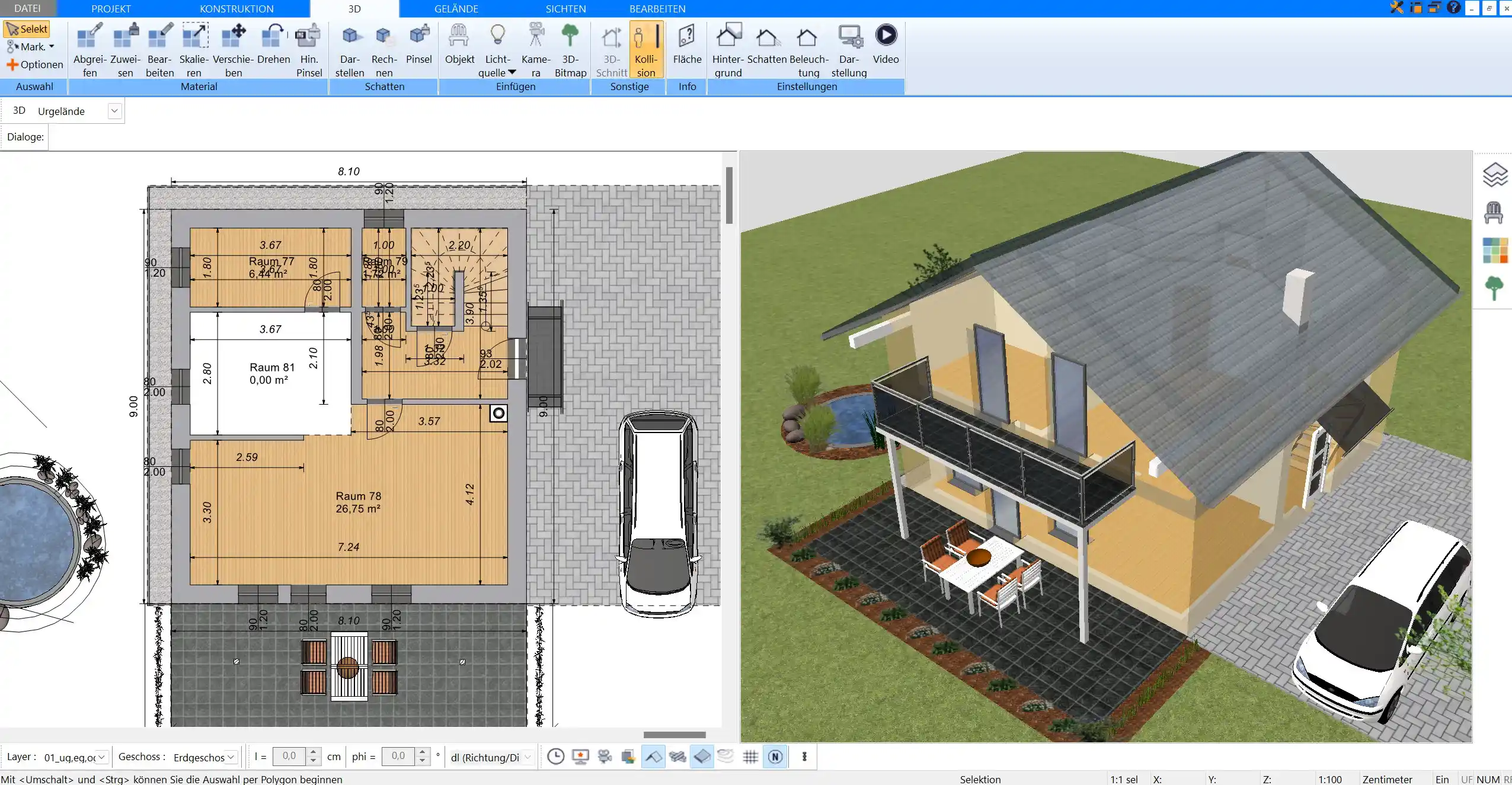 Detaillierte 3D-Visualisierung eines modernen Wohnzimmers mit der Plan7Architekt Software