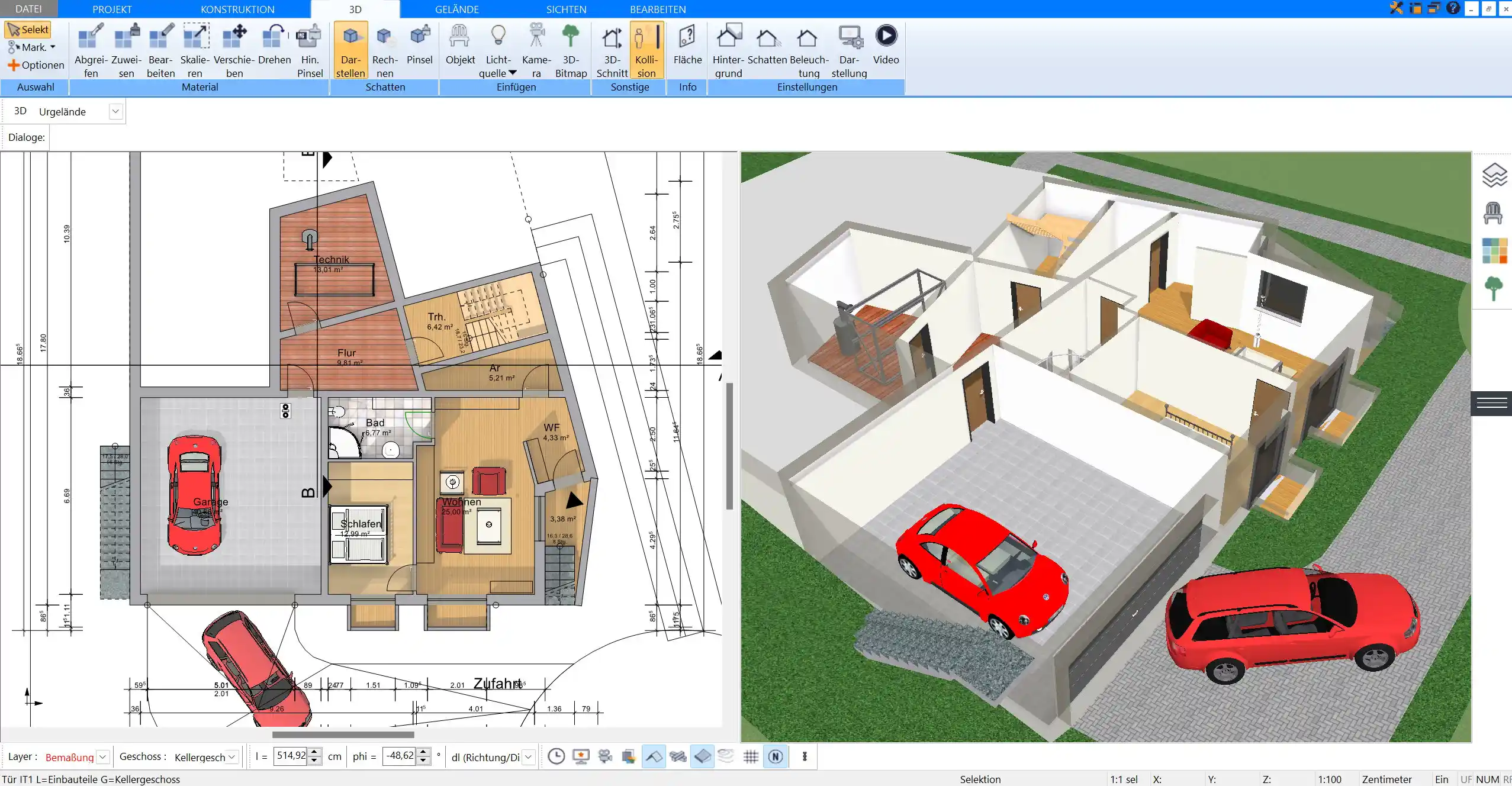 Detaillierte Architekturplanung mit Plan7Architekt, die die Funktion zur Erstellung komplexer Dachstrukturen zeigt