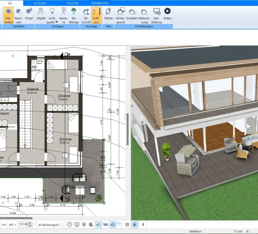 Die 3D-Ansicht im Plan7Architekt ermöglicht es, den Grundriss realistisch zu betrachten und anzupassen