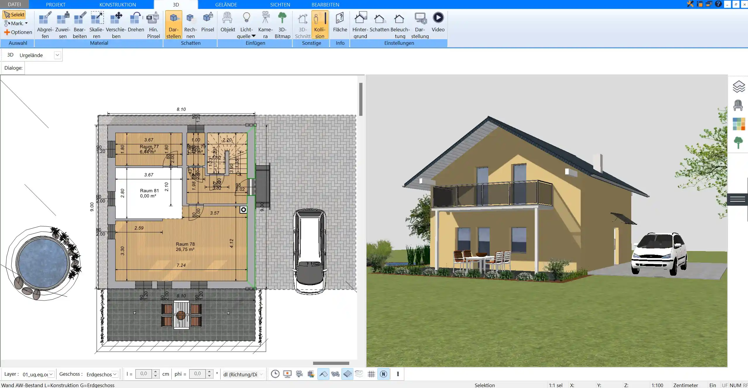 Die 3D-Ansicht im Plan7Architekt ermöglicht es, den Grundriss realistisch zu betrachten und anzupassen