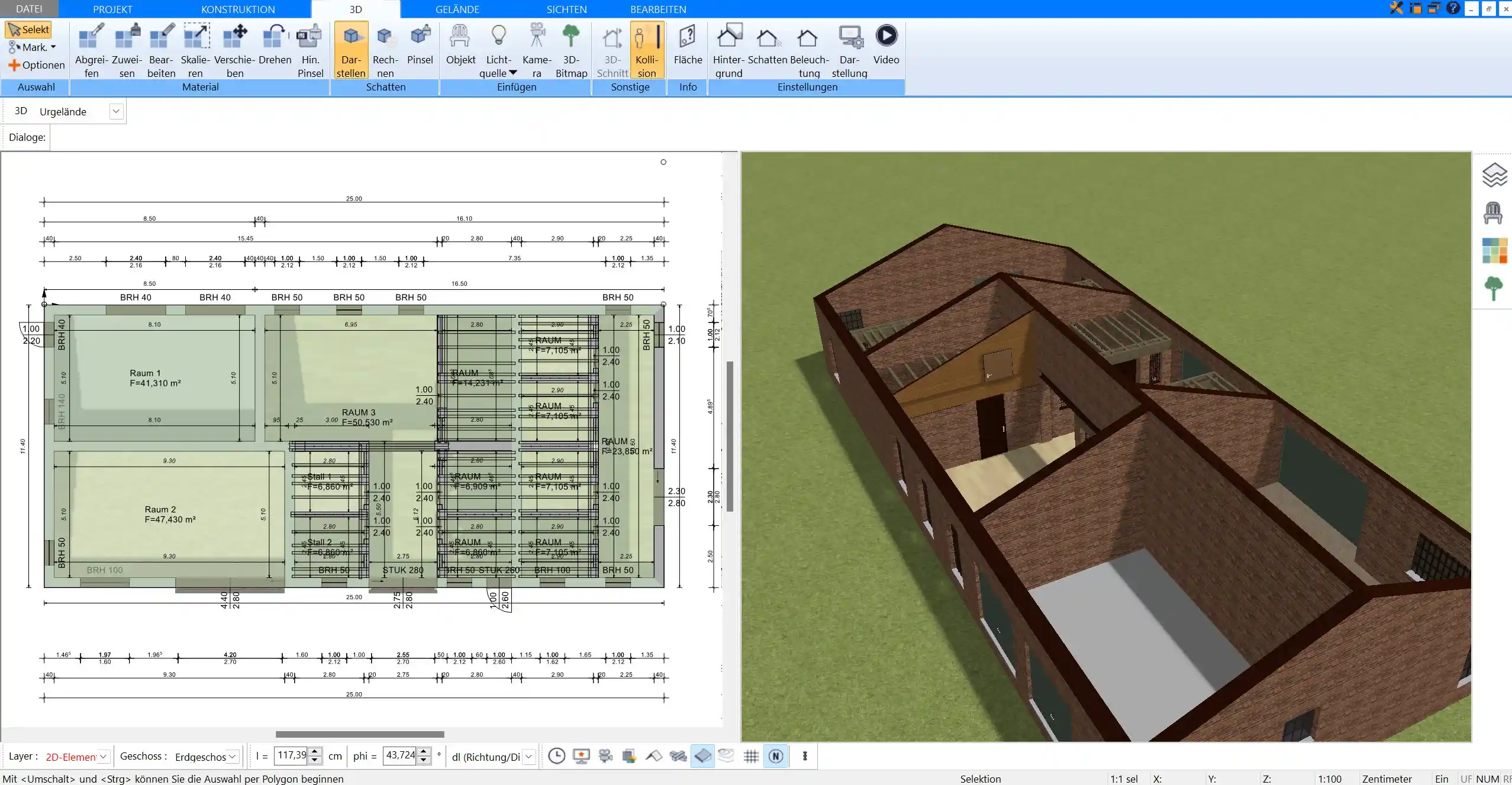 Die 3D-Vorschau im Plan7Architekt ermöglicht es, den Stall bereits vor dem Bau realistisch zu visualisieren und notwendige Anpassungen vorzunehmen.