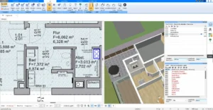 Ein Screenshot der Benutzeroberfläche von Plan7Architekt, der die Grundriss- und 3D-Funktionen darstellt