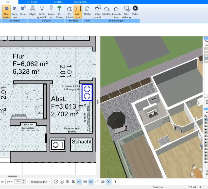 Ein Screenshot der Benutzeroberfläche von Plan7Architekt, der die Grundriss- und 3D-Funktionen darstellt