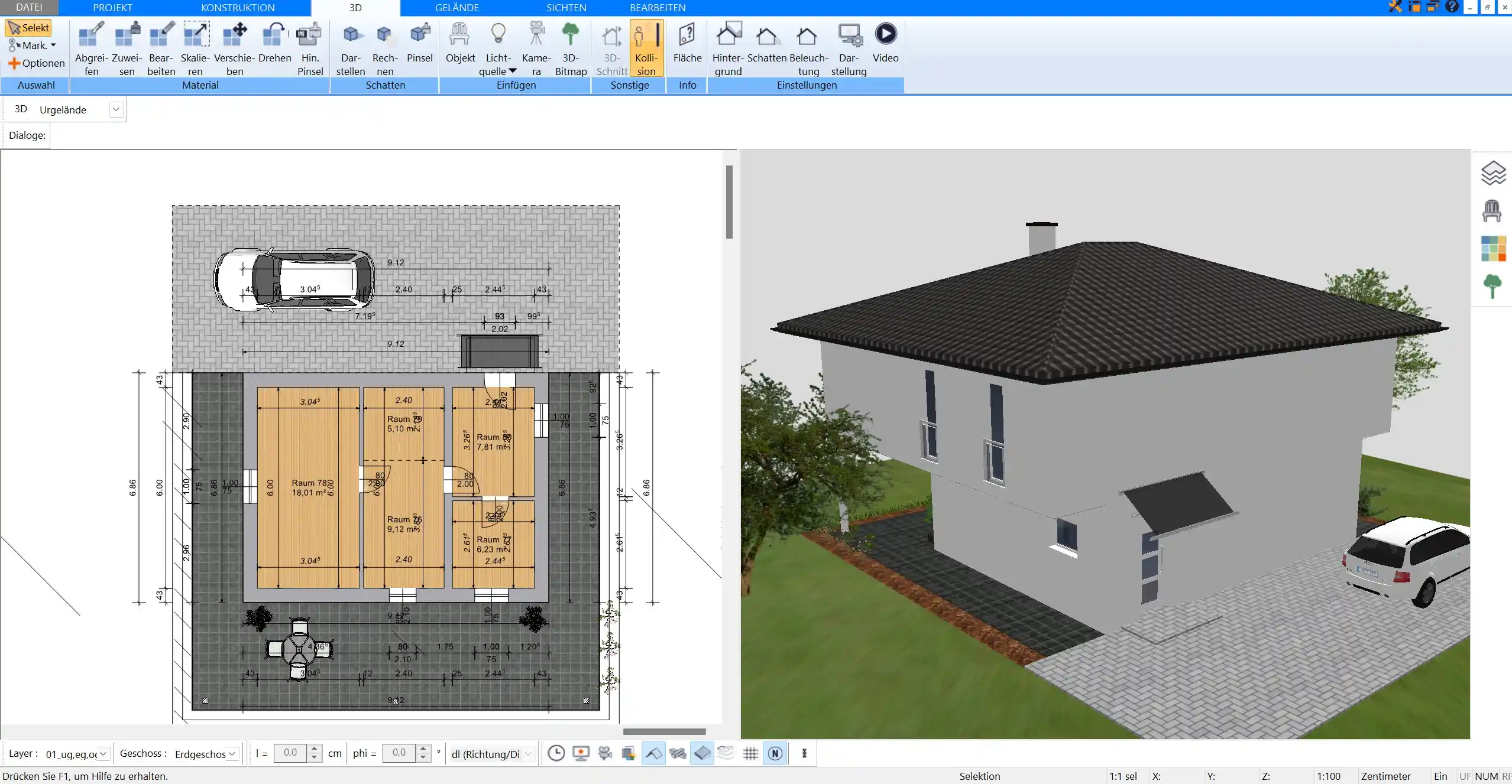 Ein Screenshot der Benutzeroberfläche von Plan7Architekt, der die Grundriss- und 3D-Funktionen darstellt