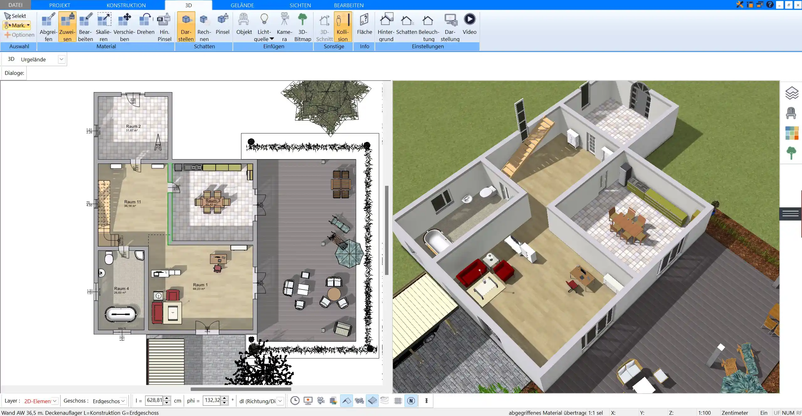 Ein detaillierter Grundriss einer Wohnung, erstellt mit dem 2D-Werkzeug der Plan7Architekt-Software