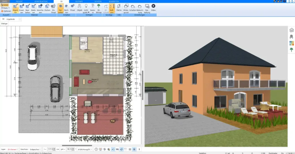 Ein detaillierter Grundriss eines Hauses, der in der Plan7Architekt-Software in der 2D-Ansicht erstellt wurde