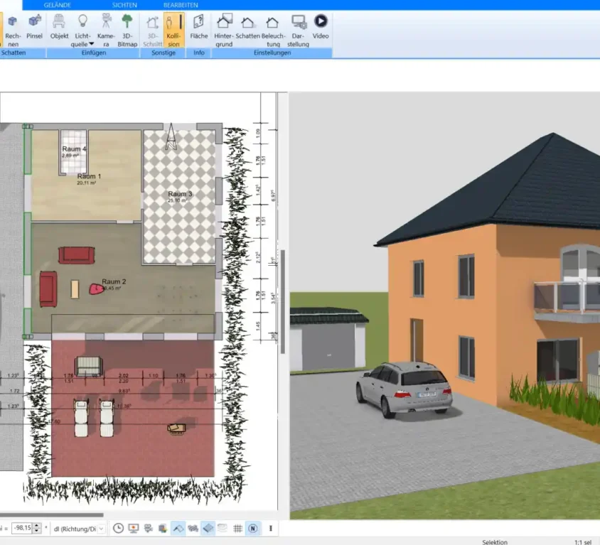 Ein detaillierter Grundriss eines Hauses, der in der Plan7Architekt-Software in der 2D-Ansicht erstellt wurde