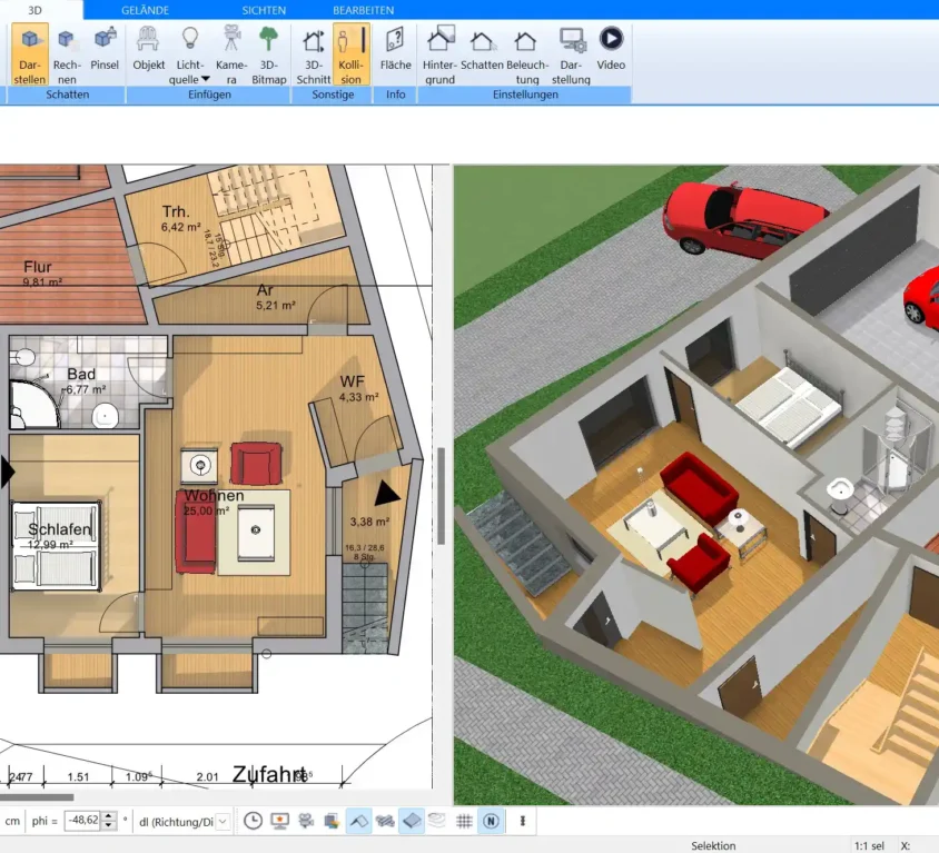 Ein einfacher Grundriss des Erdgeschosses ohne Keller im Plan7Architekt-Programm, der den strukturierten Aufbau eines Hauses zeigt