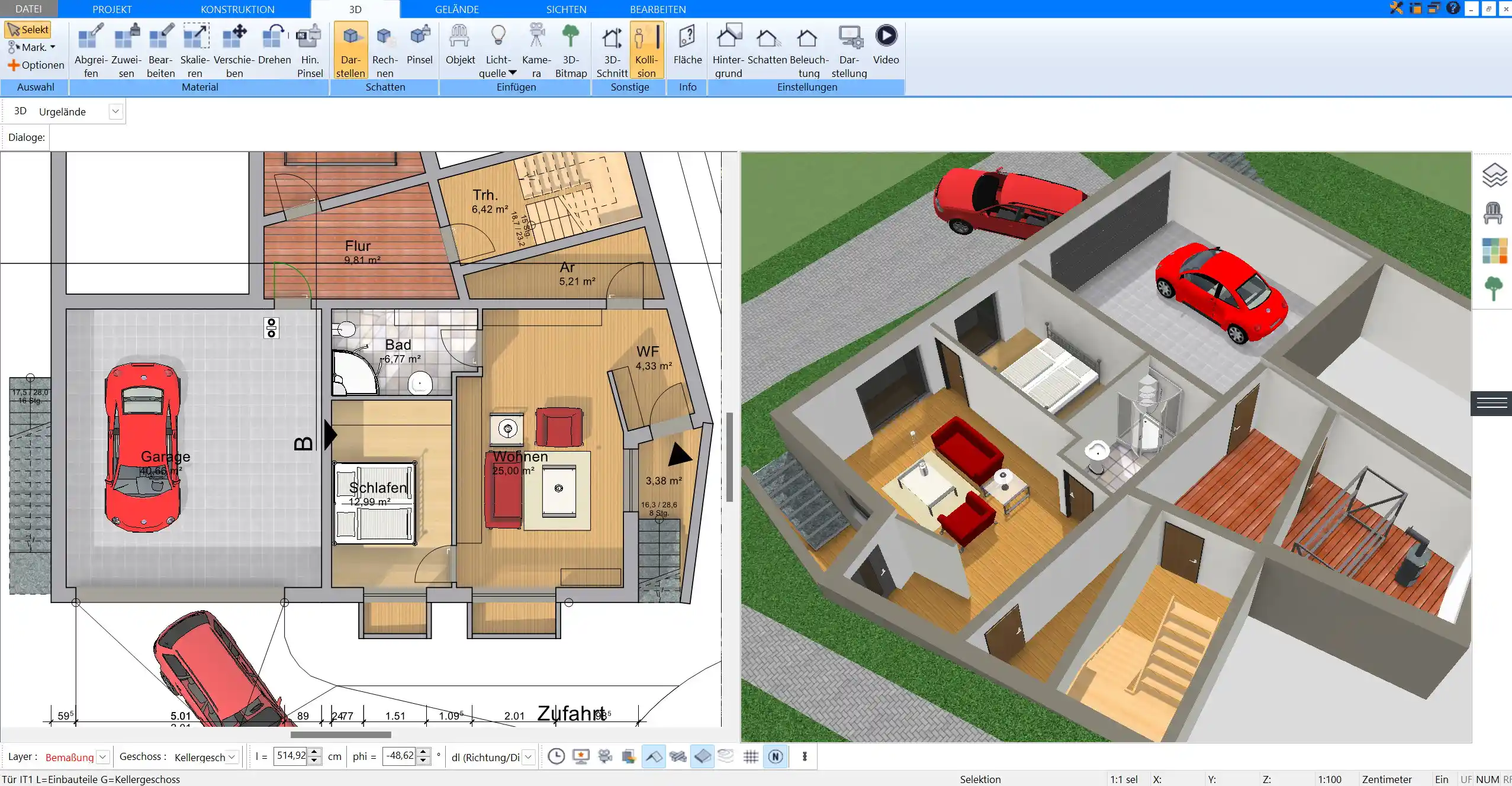 Ein einfacher Grundriss des Erdgeschosses ohne Keller im Plan7Architekt-Programm, der den strukturierten Aufbau eines Hauses zeigt