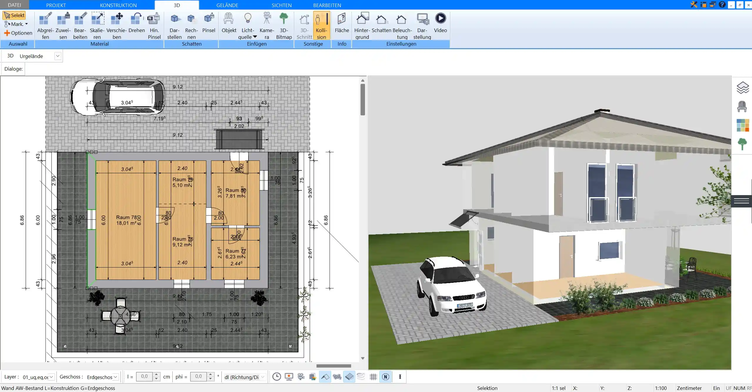 Ein einfacher Grundriss des Erdgeschosses ohne Keller im Plan7Architekt-Programm, der den strukturierten Aufbau eines Hauses zeigt