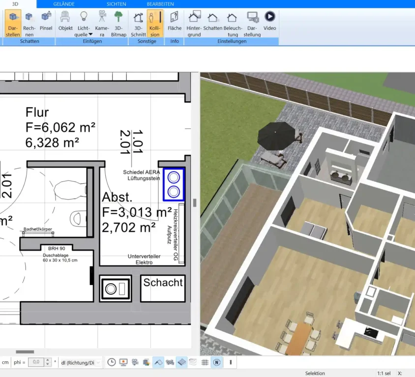 Ein erster Entwurf Grundriss eines kleinen Hauses mit cleverer Raumaufteilung im Plan7Architekt.