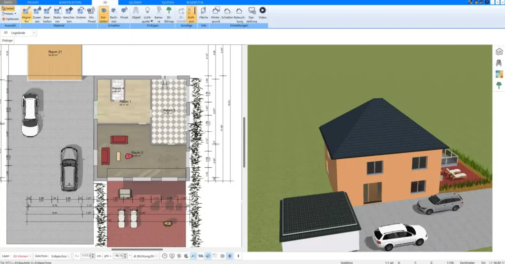 Eine detailgetreue 2D-Darstellung eines Bauplans zeigt die präzisen Planungsmöglichkeiten der Software