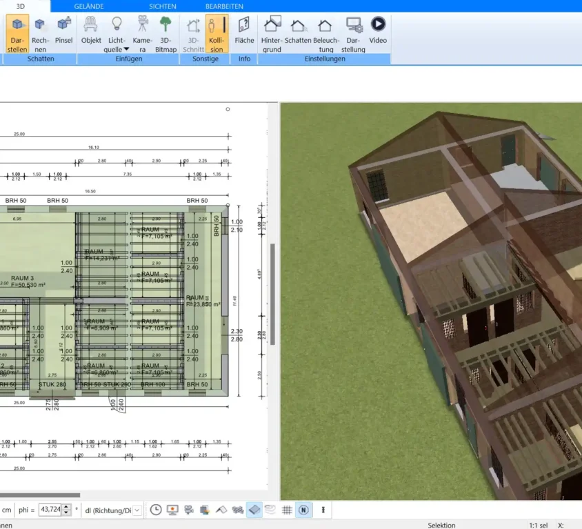 Eine detaillierte 2D-Darstellung des Jungviehstall-Grundrisses, erstellt mit der Plan7Architekt-Software. Hier werden die Tierbereiche, Laufwege und Futterstationen sichtbar