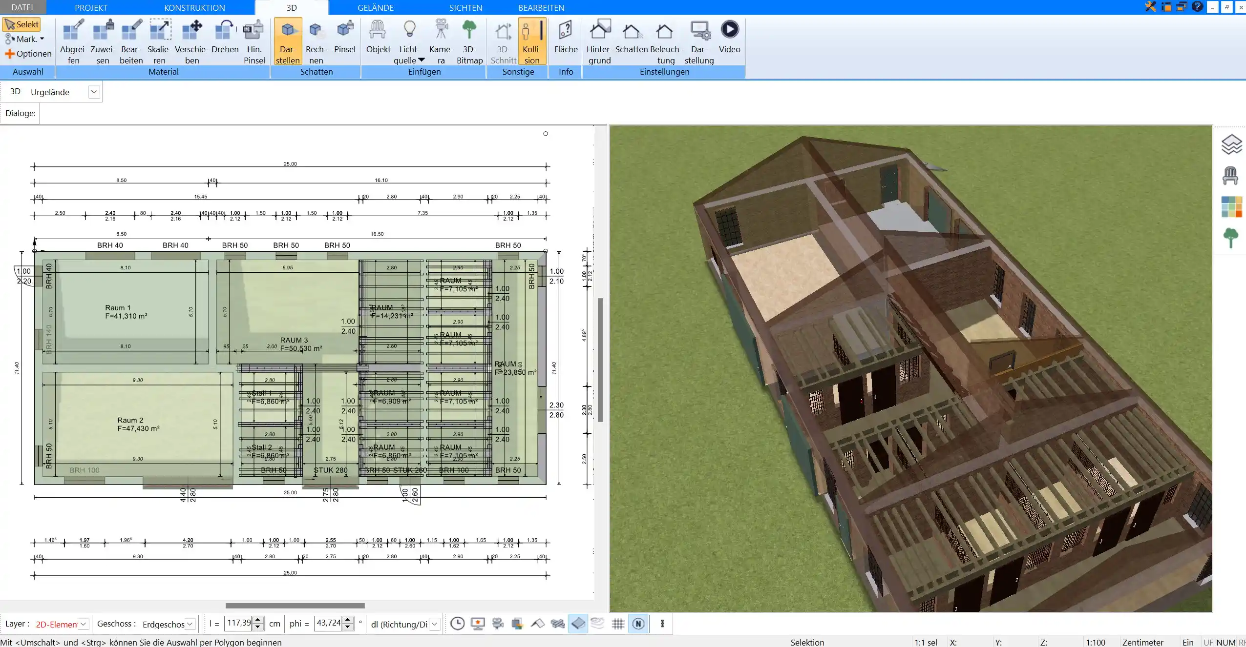 Eine detaillierte 2D-Darstellung des Jungviehstall-Grundrisses, erstellt mit der Plan7Architekt-Software. Hier werden die Tierbereiche, Laufwege und Futterstationen sichtbar