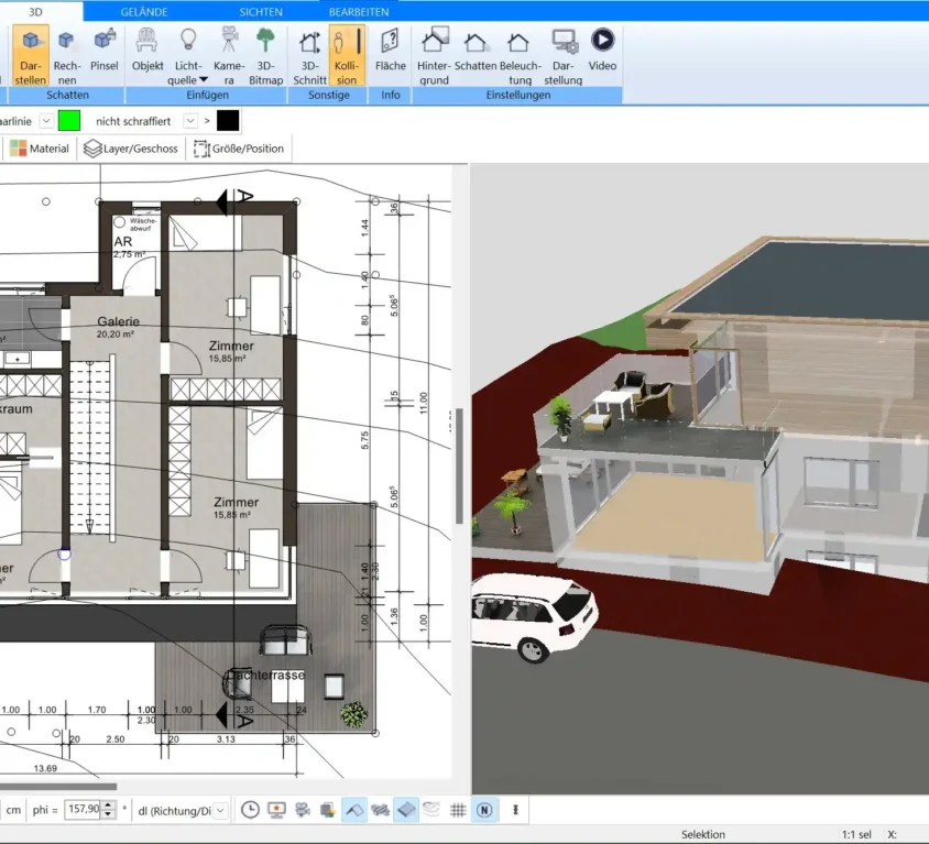 Eine erste Skizze des Mehrfamilienhauses, erstellt mit der Plan7Architekt Software. Der 2D-Grundriss zeigt die Raumaufteilung und die Lage der Wohnbereiche