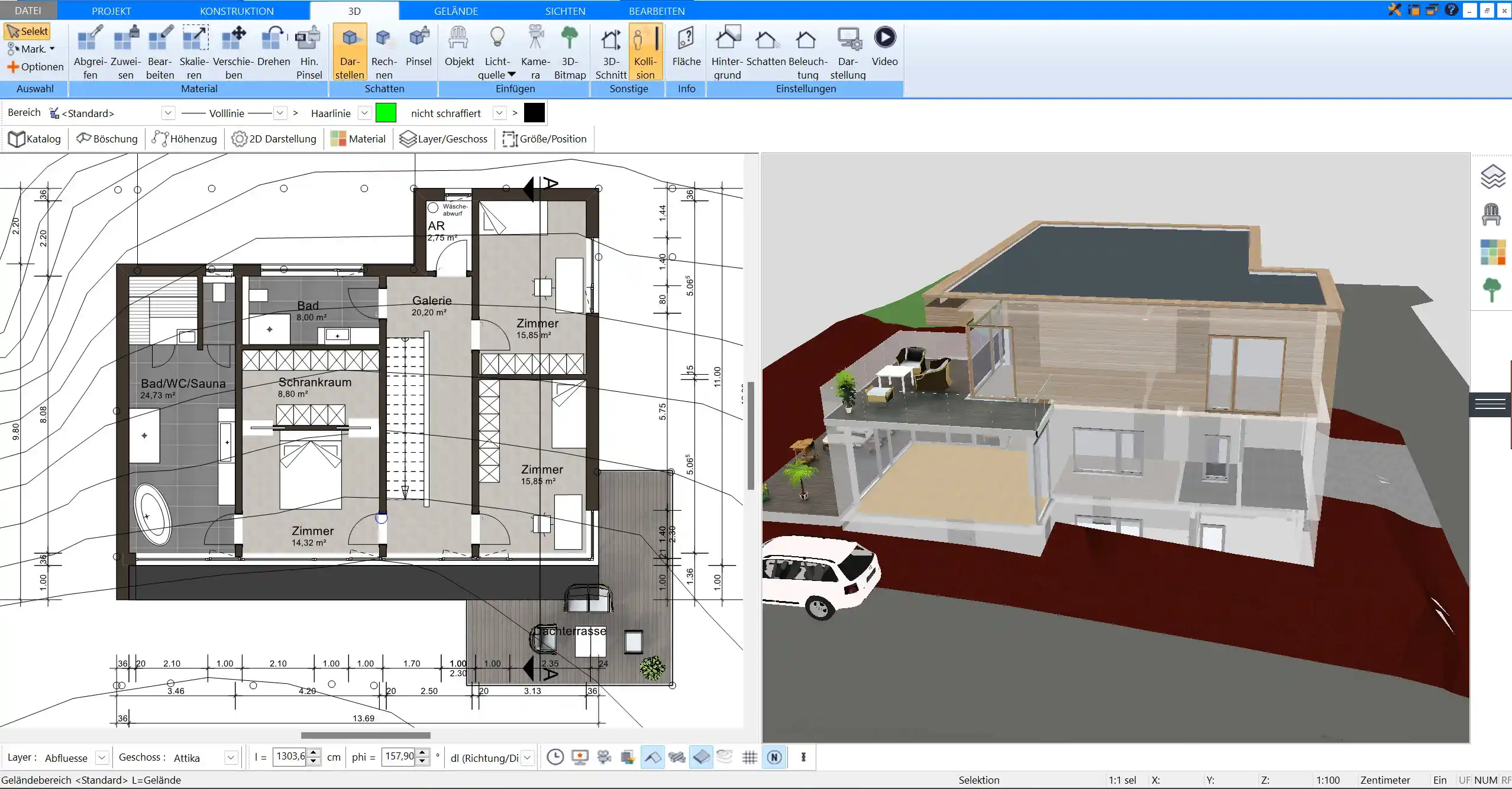 Eine erste Skizze des Mehrfamilienhauses, erstellt mit der Plan7Architekt Software. Der 2D-Grundriss zeigt die Raumaufteilung und die Lage der Wohnbereiche