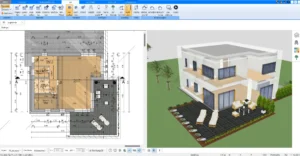 Eine erste Skizze des Mehrfamilienhauses, erstellt mit der Plan7Architekt Software. Der 2D-Grundriss zeigt die Raumaufteilung und die Lage der Wohnbereiche