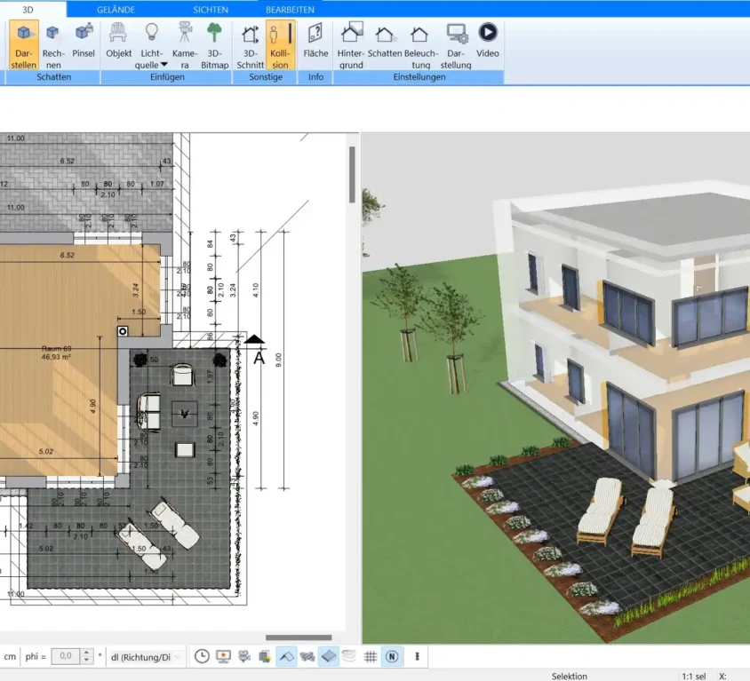 Eine erste Skizze des Mehrfamilienhauses, erstellt mit der Plan7Architekt Software. Der 2D-Grundriss zeigt die Raumaufteilung und die Lage der Wohnbereiche