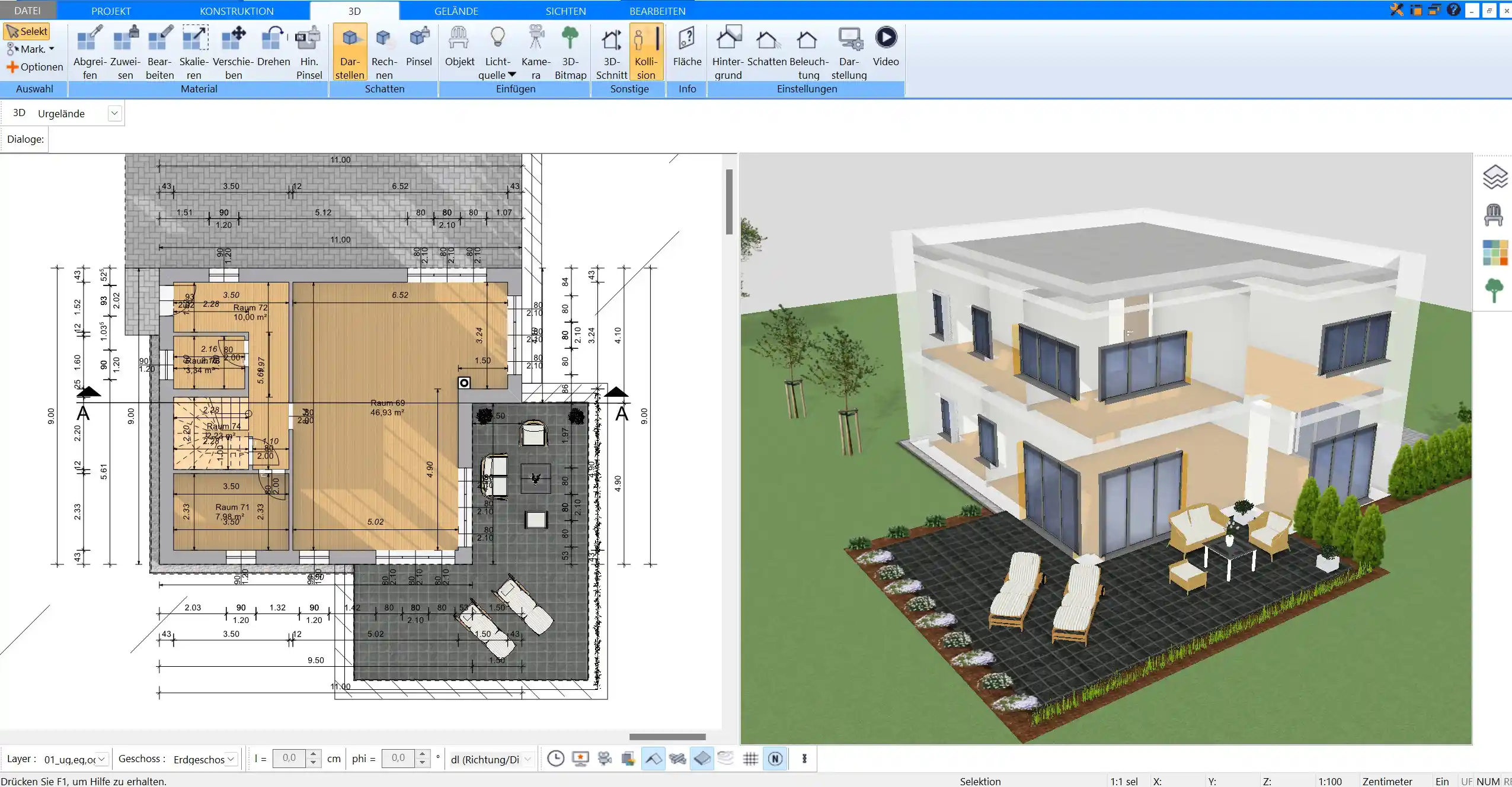 Eine erste Skizze des Mehrfamilienhauses, erstellt mit der Plan7Architekt Software. Der 2D-Grundriss zeigt die Raumaufteilung und die Lage der Wohnbereiche