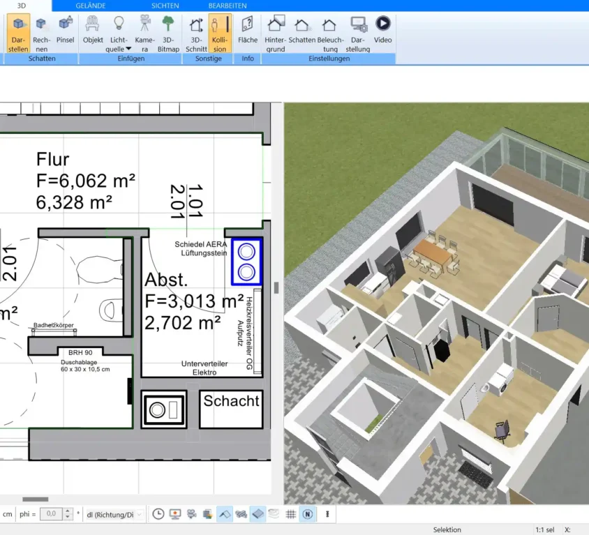 Einfaches Zeichnen von Wänden und Räumen im 2D-Grundriss mit Plan7Architekt.