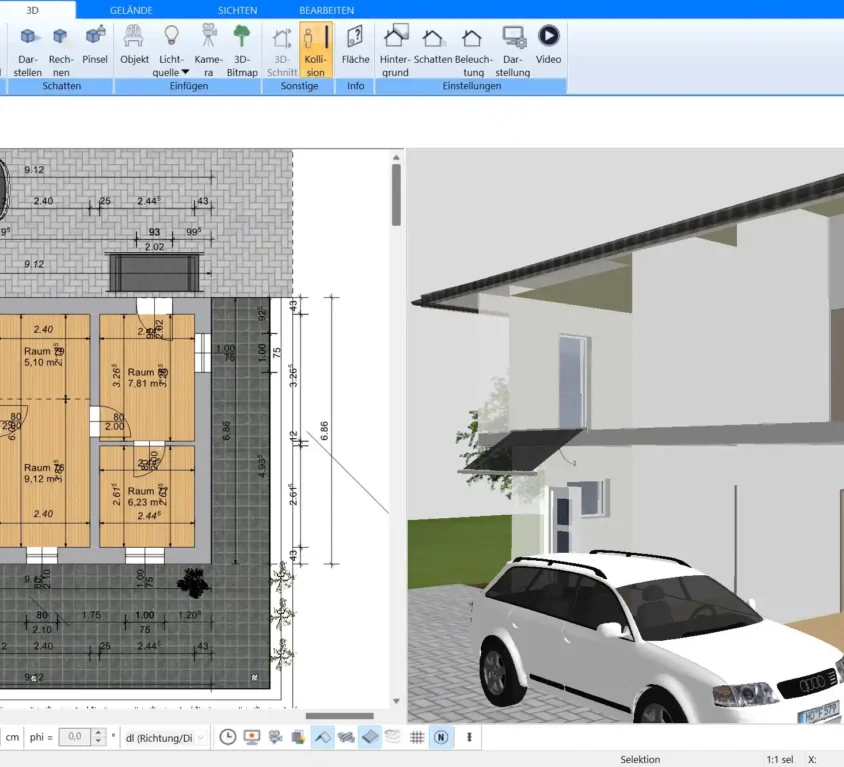 Einfaches Zeichnen von Wänden und Räumen im 2D-Grundriss mit Plan7Architekt.