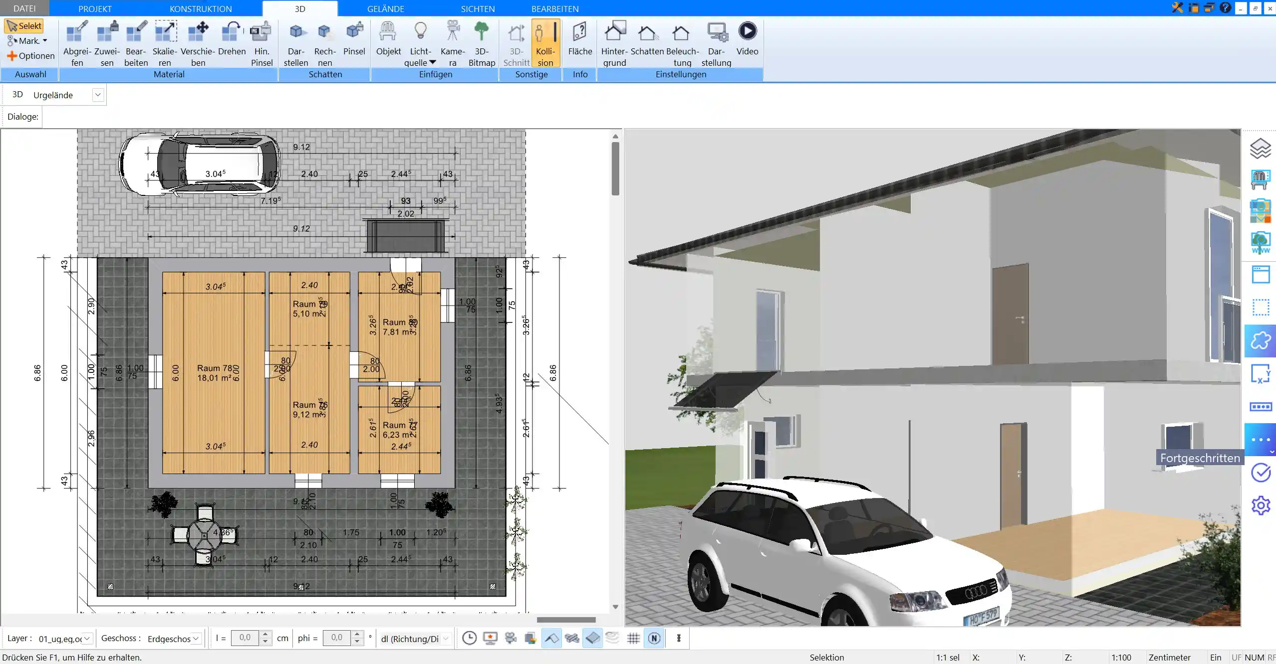 Einfaches Zeichnen von Wänden und Räumen im 2D-Grundriss mit Plan7Architekt.