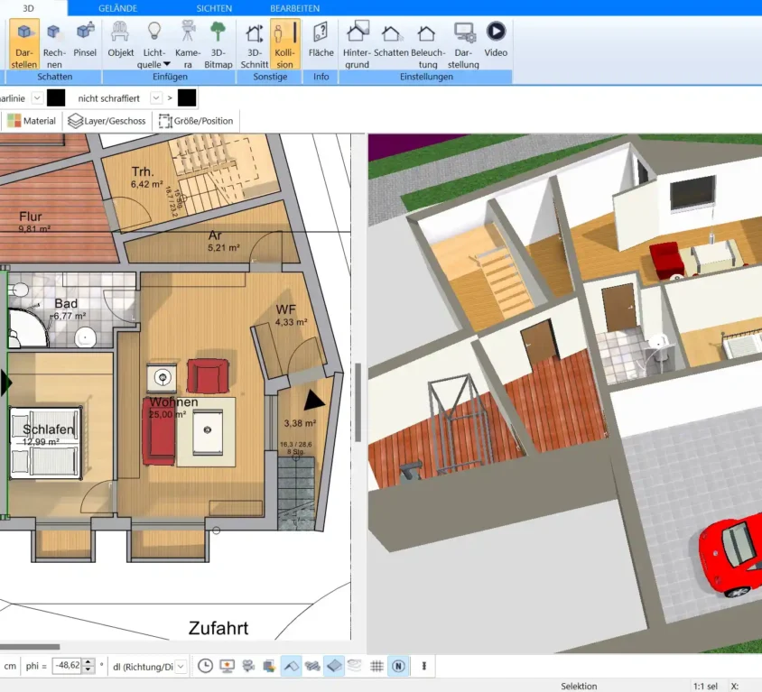 Erstellen Sie den Grundriss Ihres Hauses in der 2D-Ansicht des Plan7Architekts.