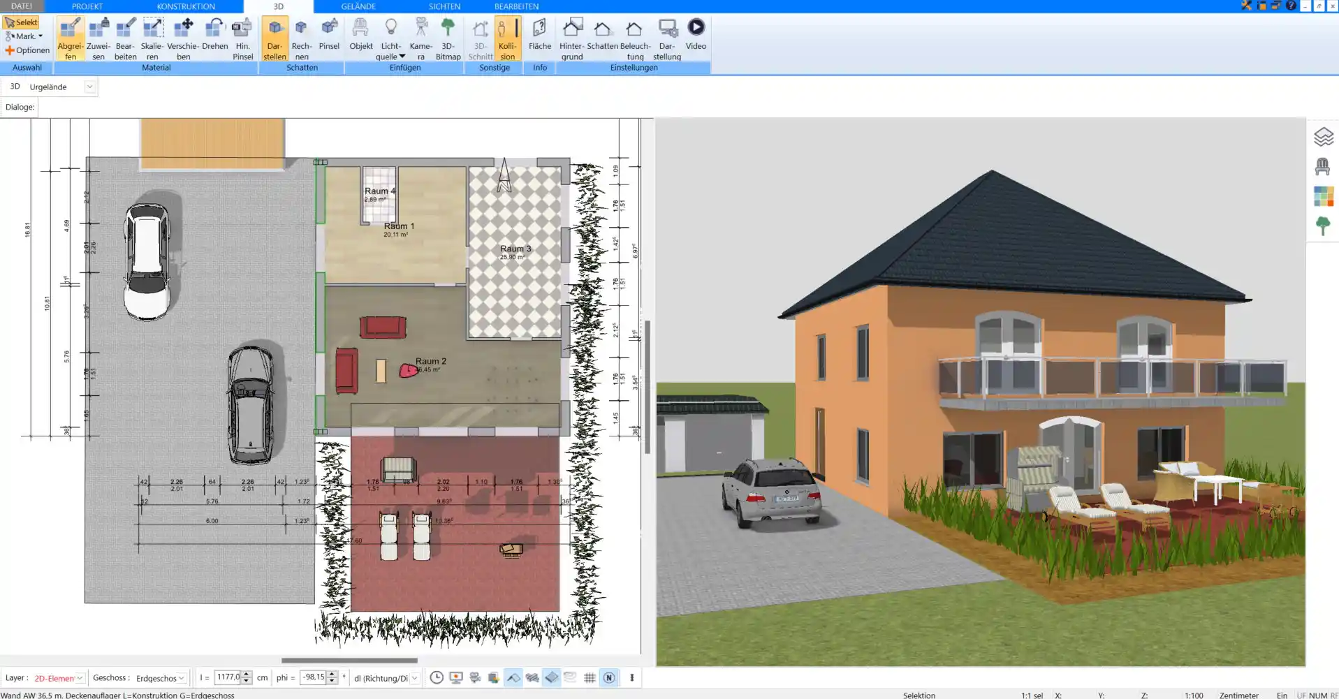 Fertige 3D-Visualisierung Das komplette Haus in der finalen Ansicht